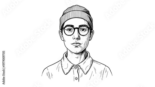 Hand drawn sketch of a young person in glasses and beanie, perfect for youthoriented projects, educational resources, or modern graphic design.