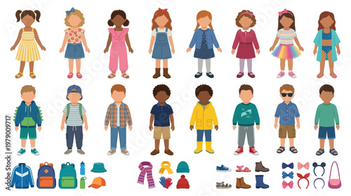 Diverse Kids Fashion Clothing Characters  Accessories Flat Style