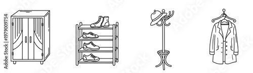 Outline icons showcasing essential entryway furniture and storage, including a wardrobe, shoe rack, coat stand, and hanging jacket for home organization concepts.