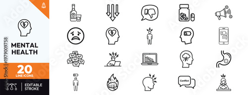 Принти на полотні Set of minimalist line icons for mental health awareness focusing on psychological states like stress depression burnout anxiety emotional exhaustion and workplace pressure for medical use