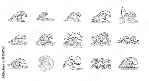 Hand drawn outline set of various ocean waves, perfect for surfing, marine themes, beach events, water sports, and aquatic designs.