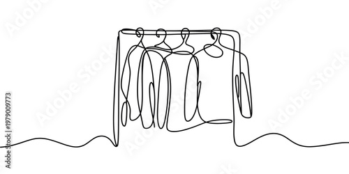 Minimalist continuous line drawing depicting clothes on hangers on a rack, perfect for fashion and retail branding, stylish apparel shop decorations, or modern textile related projects.