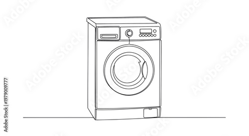 Minimalist oneline drawing of a washing machine, ideal for appliance store marketing, home economics content, or presenting household tasks in a simple, elegant style.