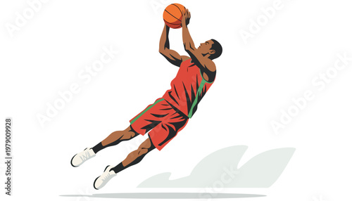 Man performing a powerful basketball jump shot in stylized flat design vector illustration