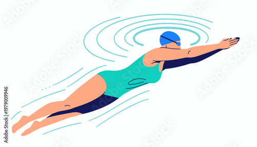 Abstract flat illustration of a swimmer in motion, under water perspective, vector graphic