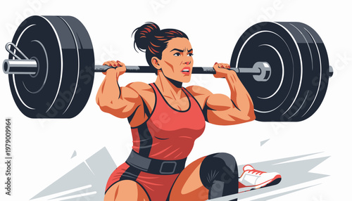 Strong woman performing weightlifting clean and jerk, flat illustration