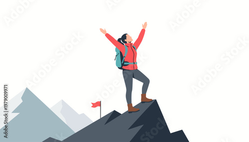 hiker celebrating on mountain peak with flag, minimalist vector illustration
