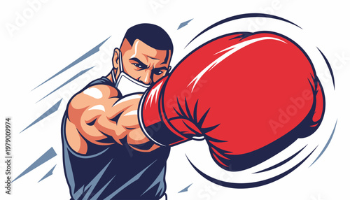 Boxer throwing a powerful jab while wearing a face mask, vector illustration
