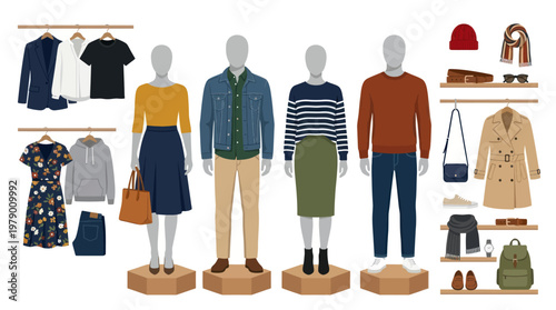 Fashion Retail Mannequins with Clothes and Accessories Flat Vector Illustration