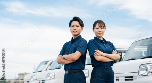 軽貨物車両の前に立つ男女の配送スタッフ
