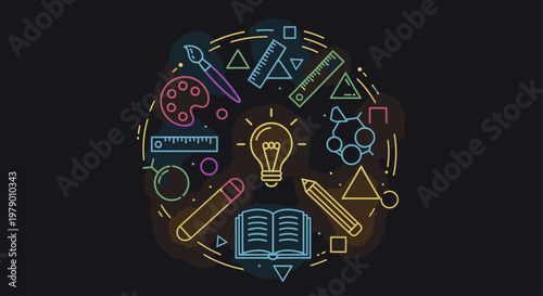 Neon-style illustration of various colorful school and art supplies on a black background with a warm glow and educational icons.