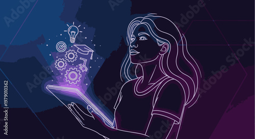 Digital illustration of a woman holding a tablet with glowing purple and blue robotic mechanisms and gears emerging from it against a dark background with a futuristic mood.
