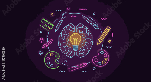 Colorful illustration of a brain with a lightbulb surrounded by creative tools on a dark background with a circular composition and vibrant mood.