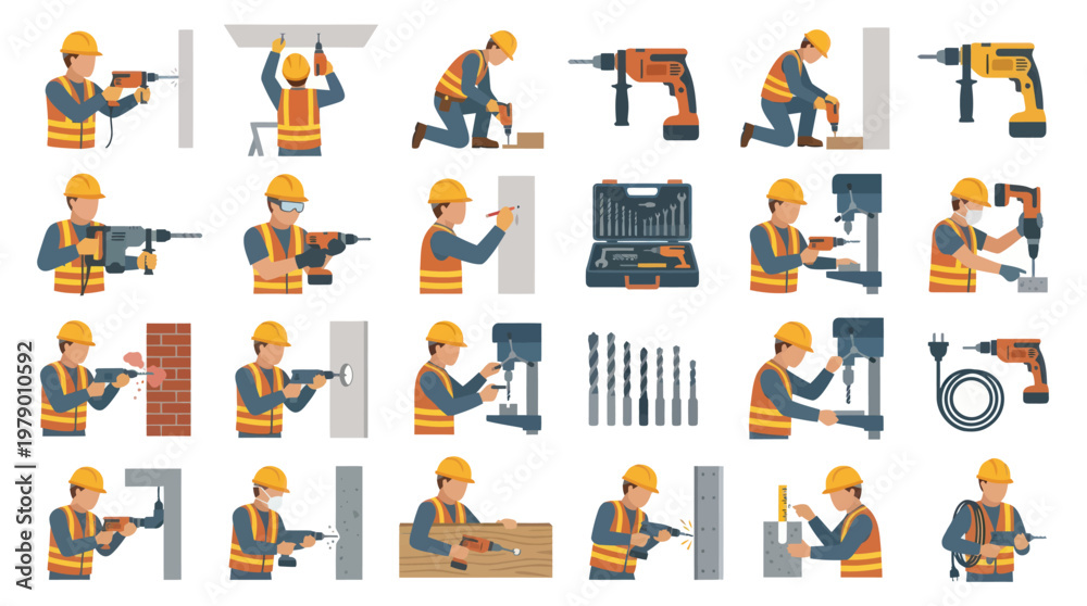 Fototapeta premium Construction Worker with Drill Tools Flat Vector Icons Set