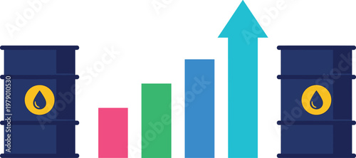Set of 2 Oil Barrels with Bar Graph and Arrow, Energy Sector Growth and Business Development Illustration
