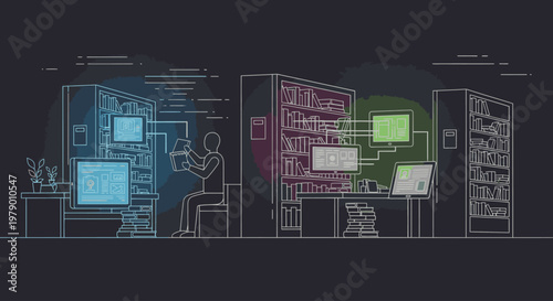 Line drawing of people working on computers in a data center with servers and various screens.