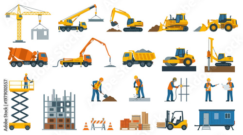 Flat Style Construction Vehicles and Workers Vector Icons Set