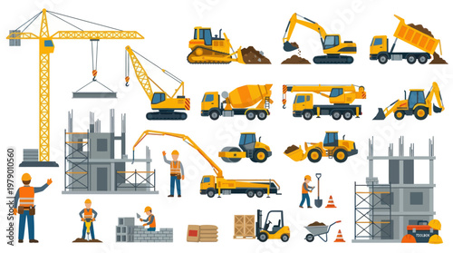 Construction industry flat vector icons and equipment set