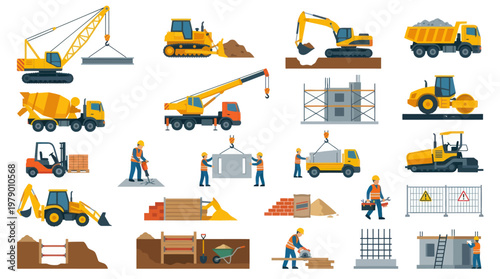 Flat Design Construction Equipment and Workers Set