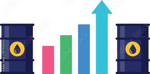 Set of 2 Oil Barrels with Rising Bar Graph and Arrow, Business Growth and Energy Industry Illustration