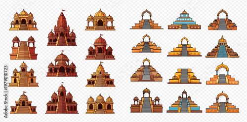 Set of ancient temples and pyramids illustrations, historical architectural structures, isolated vector elements.