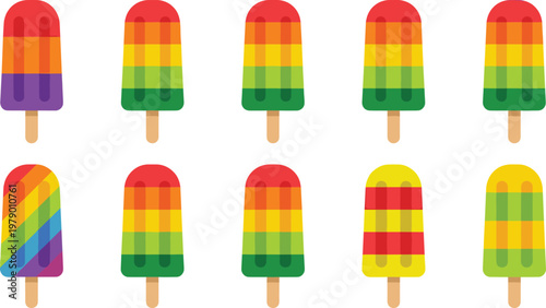 Set of 10 Colorful Rainbow Popsicles with Wooden Sticks, Vibrant Frozen Treats in Bold Color Stripes
