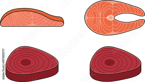 Set of 4 Fresh Salmon and Beef Steaks, Fish Fillet and Round Beef Cuts in Simple Flat Design