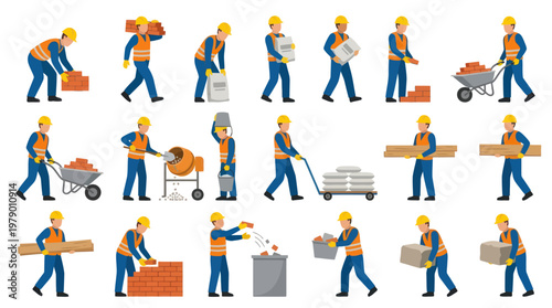 Construction Workers Building and Transporting Materials Flat Design