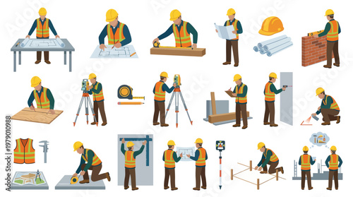 Construction workers, engineers, and builders on site, flat illustration