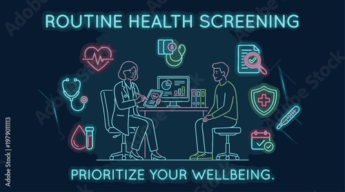 Neon-lit graphic illustration of a doctor and patient discussing health screening results on a computer with various medical icons around them on a dark background.