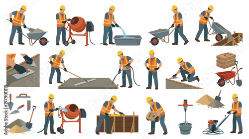 Concrete Construction Workers and Process Flat Vector Illustration Set with Tools