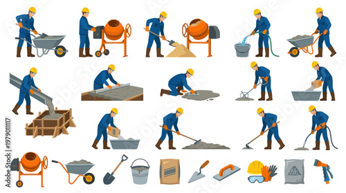 Construction worker icons: mixing, pouring, and spreading cement