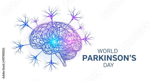 A stylized vector illustration conveys Parkinson’s disease awareness with a brain graphic connected to neural networks, set against a clean white background, promoting neurology awareness