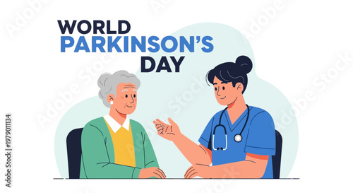A medical awareness campaign illustration shows a doctor explaining Parkinson's symptoms to an elderly patient, set against a clean backdrop, designed to support brain health awareness