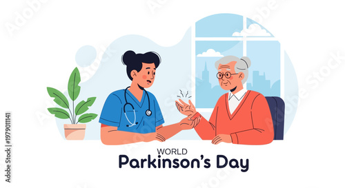 A caring nurse examines an elderly patient's hands in a bright, supportive illustration for World Parkinson's Day, showcasing Parkinson's disease awareness and support against a clean white