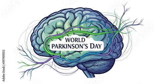 A digital illustration promoting World Parkinson's Day features a brain with interconnected neural pathways in shades of blue and green, set against a clean white backdrop to raise