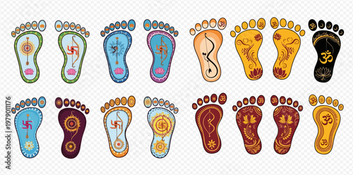 Set of colorful Hindu deity footprints, sacred symbols and religious illustrations for spiritual design projects.