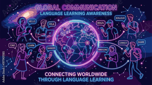 Illustration of diverse people from around the world connected through speech bubbles and a glowing globe, promoting language learning and global communication on a dark background with
