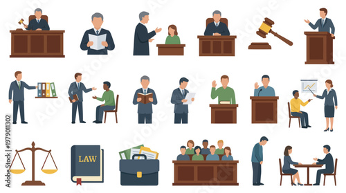 Law and Justice Flat Vector Illustration Icon Set: Legal Professionals, Courtroom, Lawyer, Judge