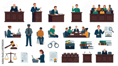 Legal System and Justice Flat Vector Icons Set: Courtroom, Lawyer, Judge, Crime  Law Elements
