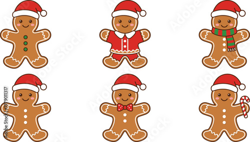 Set of 6 Gingerbread Man Characters with Santa Hats, Christmas Outfits, and Holiday Accessories