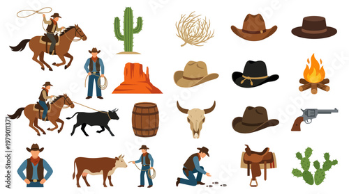 Flat Western Cowboy Elements: Horses, Hats, Cacti, Gun, Bull Skull
