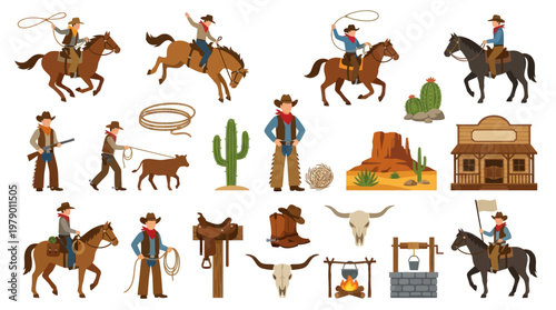 Western Cowboy Rodeo American Wild West Vector Illustration Flat Style