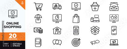 Set of professional online shopping and e-commerce line icons including delivery logistics digital marketing payment methods and retail store symbols for web design and business projects.