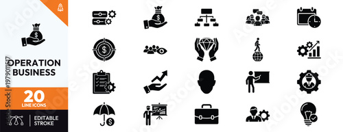 Set of professional business operation icons featuring management strategy finance growth and corporate leadership symbols for organizational planning and investment presentation.