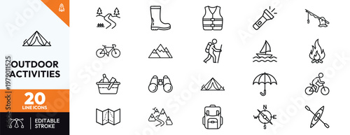 Collection of twenty linear outdoor activity icons featuring camping gear hiking equipment cycling fishing and mountain adventure symbols for nature recreation and travel designs and graphics