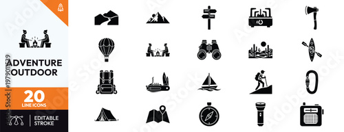 Comprehensive collection of adventure and outdoor camping icons featuring silhouettes of mountains, hiking gear, nature landscapes, survival tools, and travel equipment for design projects.