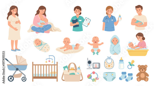 Newborn Care Flat Vector Illustration Set: Pregnancy, Babies, Parents  Baby Items