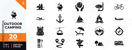 Outdoor camping and travel icon set featuring barbecue, surfboard, bicycle, hiking backpack, tent, campfire, sailboat, compass, and motorhome symbols for adventure and nature lovers.