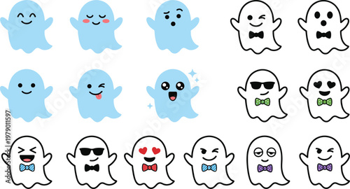 Set of 16 Cute Blue and White Ghost Characters with Various Expressions and Accessories, Halloween Kawaii Design